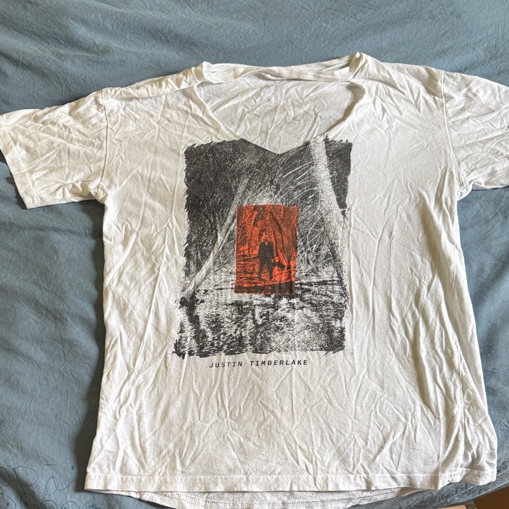 White Graphic Y2K Justin Timberlake Tee with Orange Accent